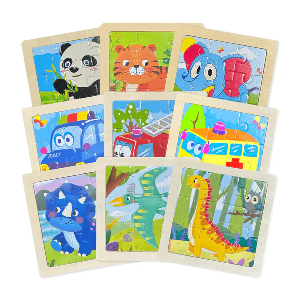 Kinderpuzzel Hout - Puzzel 9 stukjes - 9 puzzels - Puzzel voor peuter - Houten Puzzel - Dieren - Auto - Dinosaurus - Kinderspeelgoed - Uitdeelcadeaus - Cadeau - Jongen - Meisje - Speelgoed - 1 jaar - 2 jaar - 3 jaar - Kleuter - Dreumes