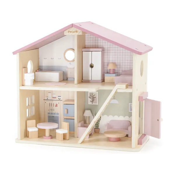 PolarB Houten Poppenhuis – Inclusief 16 Meubels & Accessoires – Speelhuis voor Poppen tot 10 cm (3+ jaar)