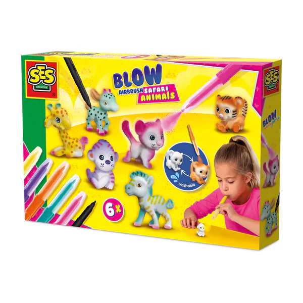 SES Creative - Blow Airbrush Pens - Safari Dieren - Knutselen Meisjes - 6 Pennen en Dieren - Herbruikbaar - Vanaf 5 jaar