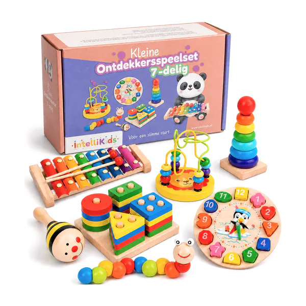 Kleine Ontdekkersspeelset 7 delig - Houten Educatief Speelgoed - Montessori Speelgoed - Peuter Speelgoed - Fijne Motoriek - Stapeltoren, Xylofoon, Leerklok, Kralenlabyrint, Vormenstoof, Rupsje, Maracas - IntelliKids
