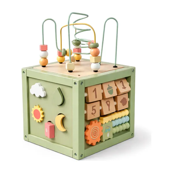 Laavir Houten Activiteitenkubus Baby Mintgroen - Educatief Montessori Speelgoed met Kralenspiraal, Vormenstoof en Ratelwielen - FSC Gecertificeerd